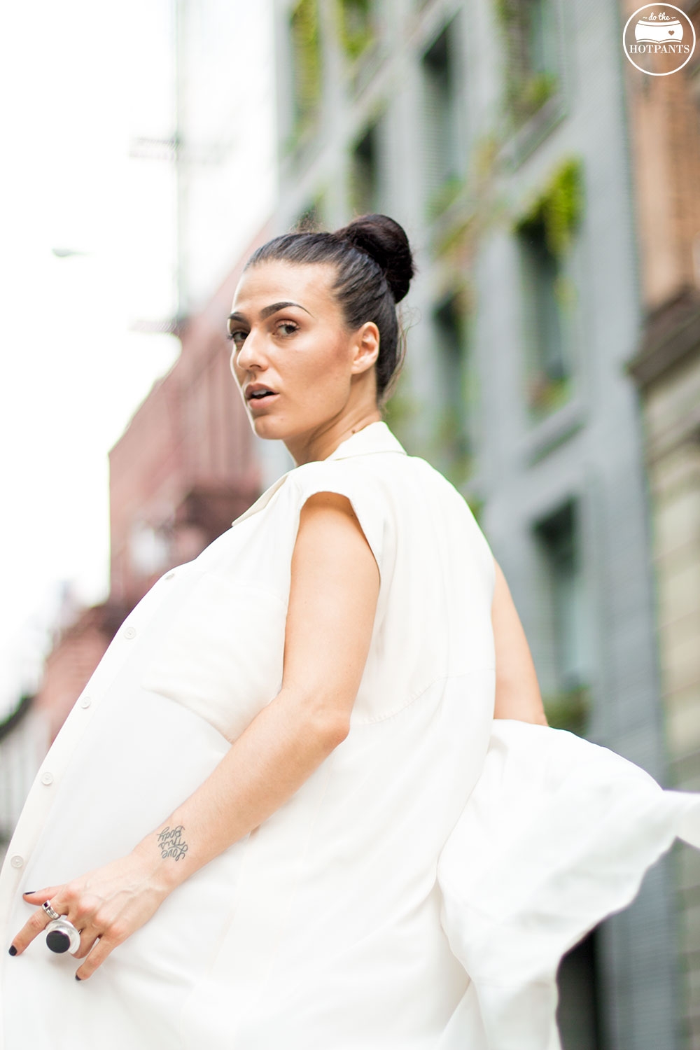 Nude All Natural Makeup Updo Bun All White Outfit