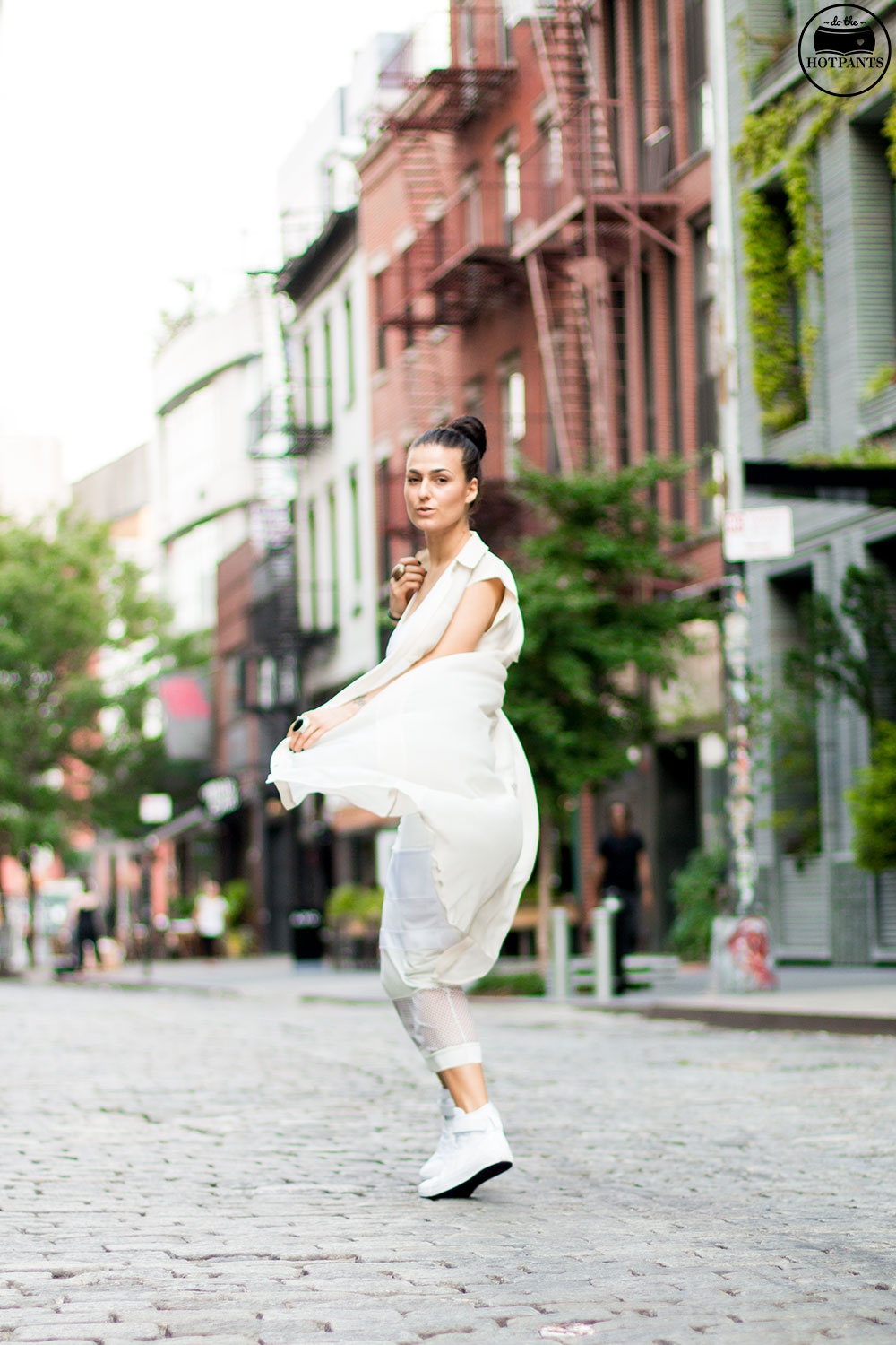 Nude All Natural Makeup Updo Bun All White Outfit