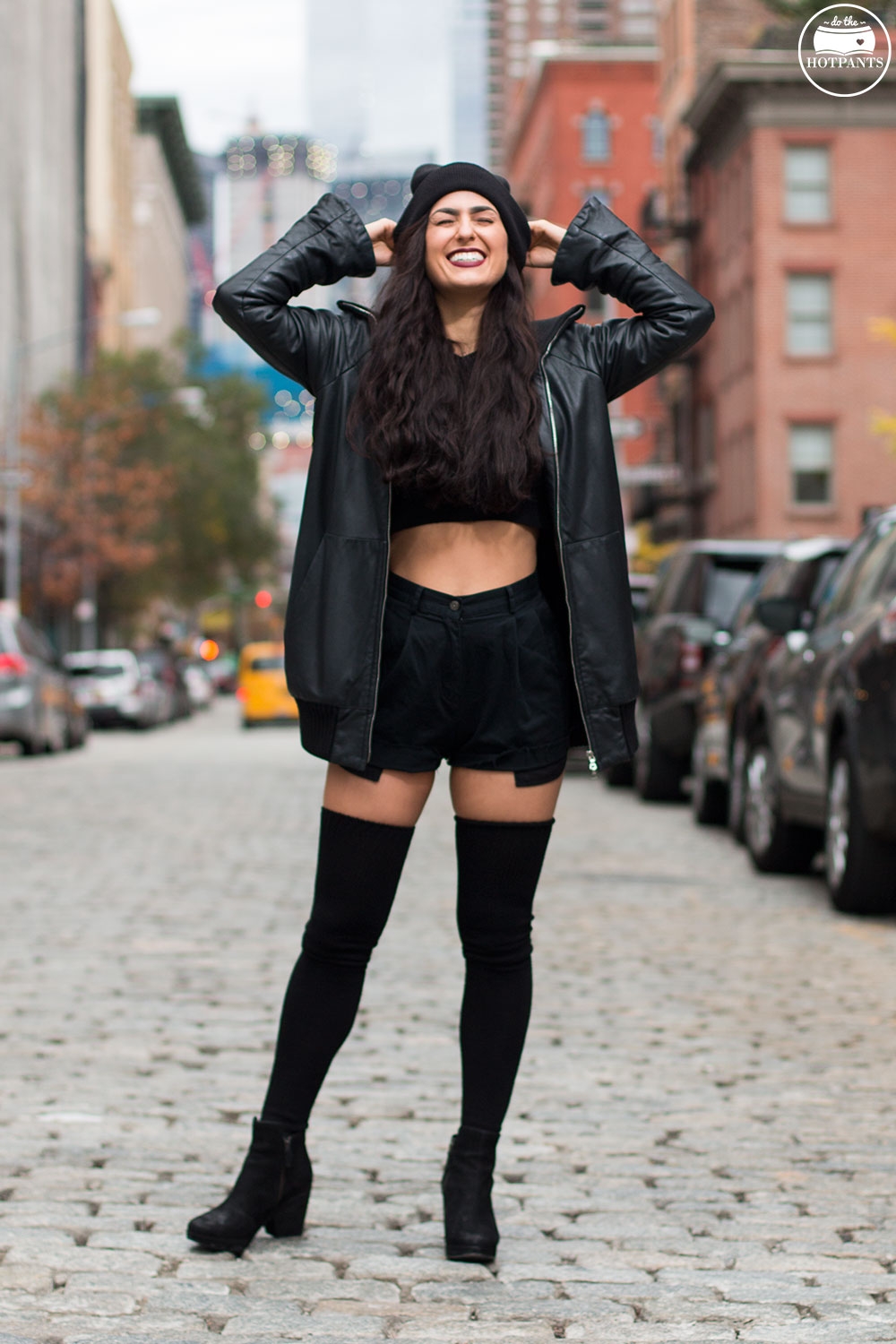 Do The Hotpants Dana Suchow Goth Outfit Black Beanie Thigh High Socks Crop Top Black Leather JacketIMG_5363