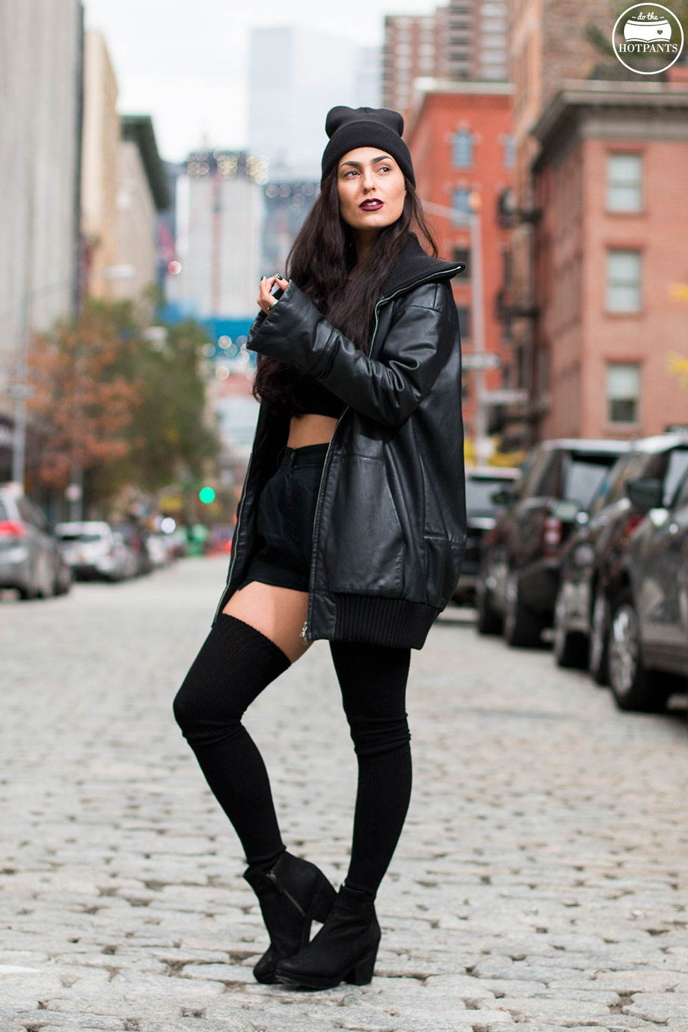 Do The Hotpants Dana Suchow Goth Outfit Black Beanie Thigh High Socks Crop Top Black Leather JacketIMG_5381