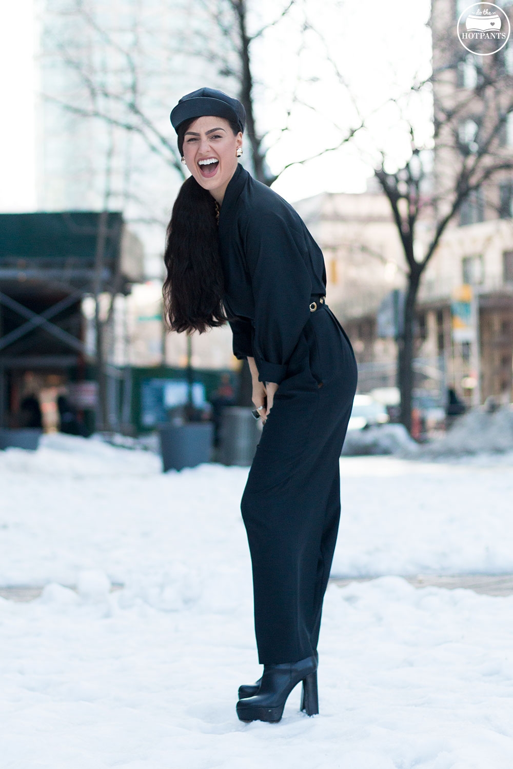 Do The Hotpants Dana Suchow Black Goth Jumpsuit Side Ponytail Leather Hat Winter Fashion Woman in Snow IMG_6318