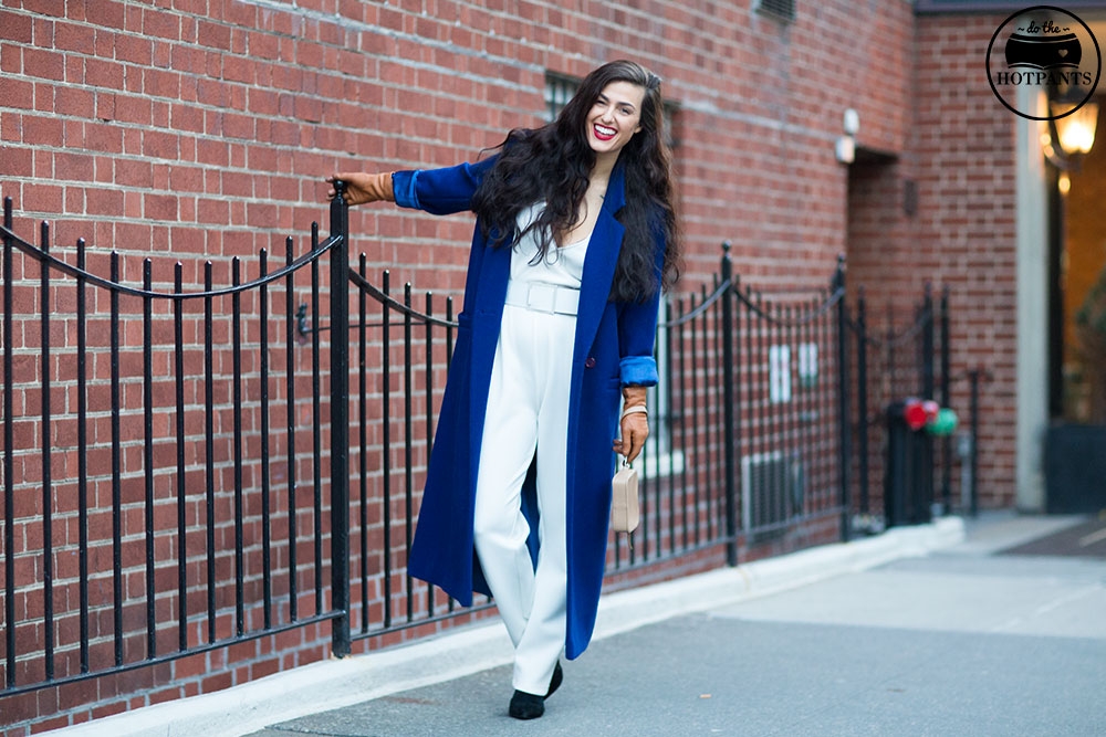 Do The Hotpants Dana Suchow White Jumpsuit Navu Blue Peacoat Trench Coat Jacket Red Lipstick Long Hair Woman MJJ_0035